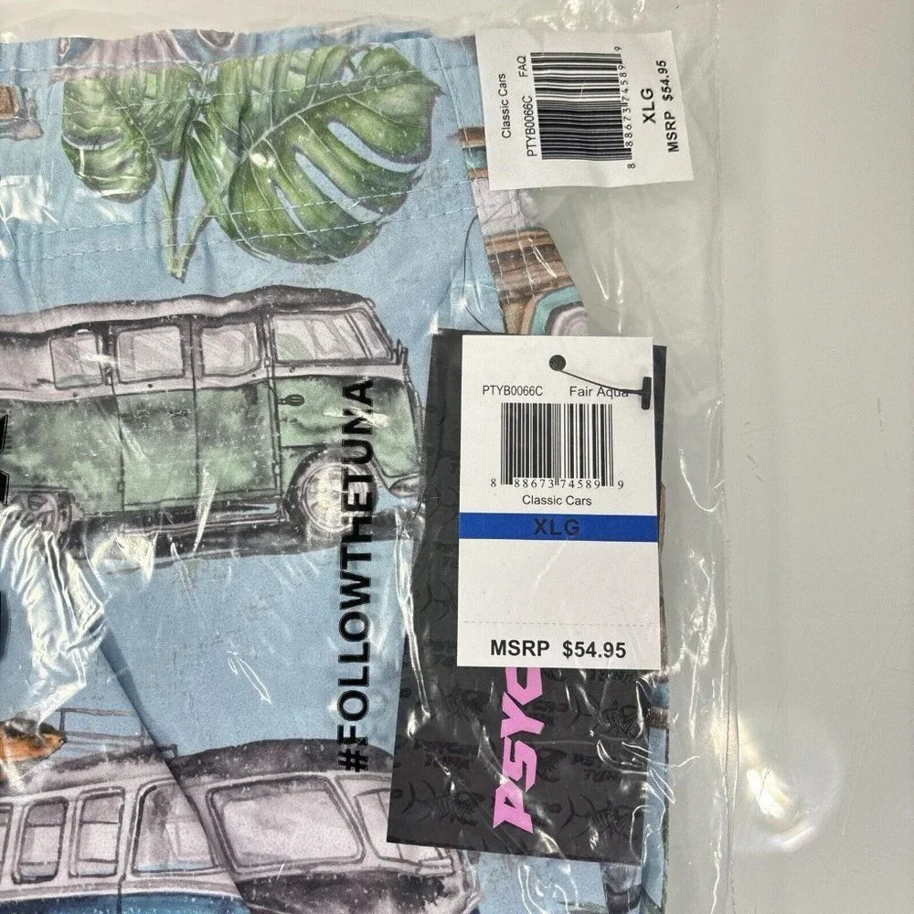 Psycho Tuna Surf Life Blue Vintage Cars Swim Trunks Board Shorts Size XLG NWT - Picture 5 of 6